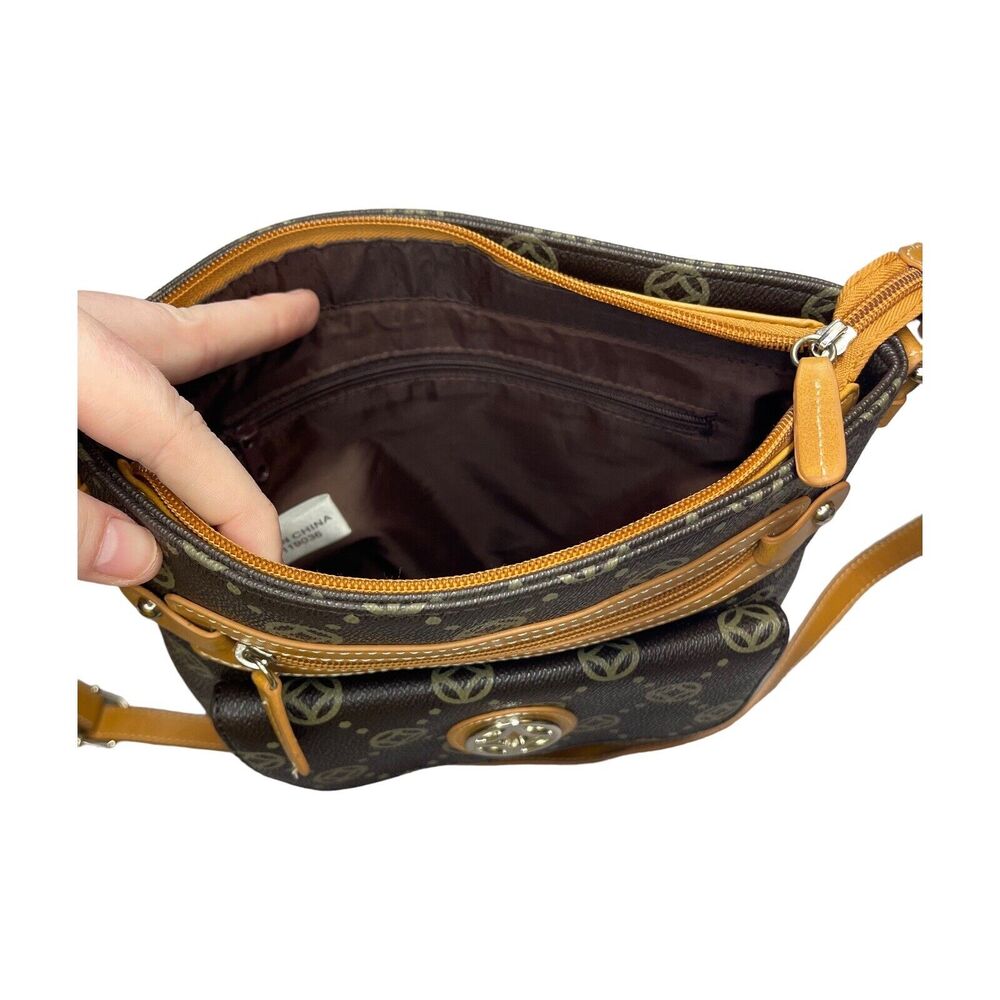 Fashion Shoulder Bag Cross Body Brown Printed PVC Vinyl Trim Adjustable Strap - Picture 4 of 12